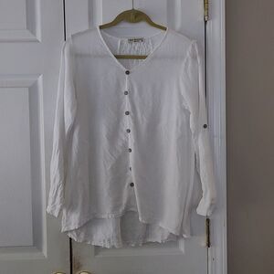Terzo Millennio linen white hi low  faux button down long sleeve top  Sz S